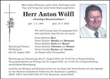 Traueranzeige Anton Wölfl