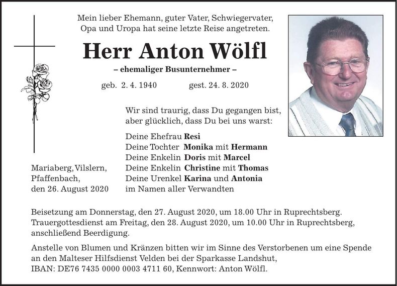 Traueranzeige Anton Wölfl