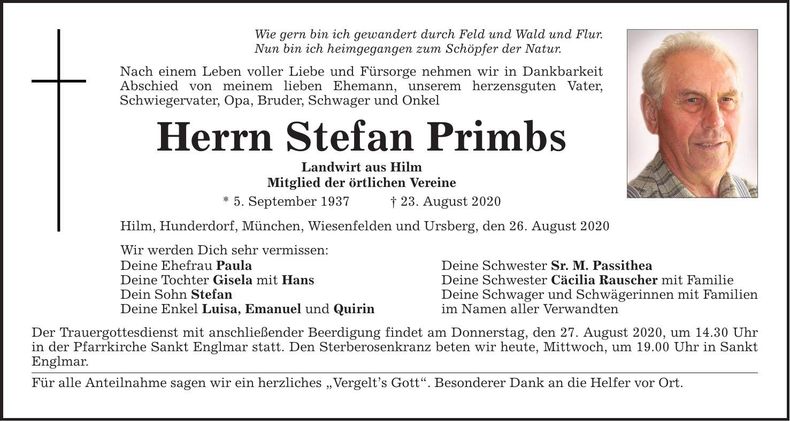 Traueranzeige Stefan Prims