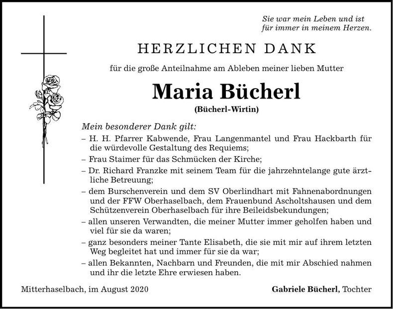 Traueranzeige Maria Bücherl