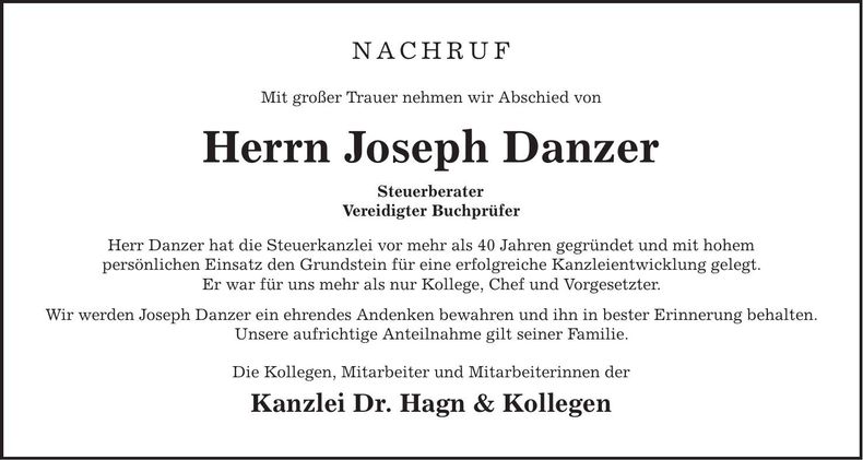 Traueranzeige Joseph Danzer