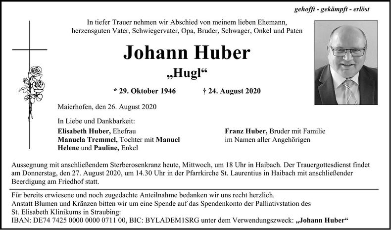 Traueranzeige Johann Huber