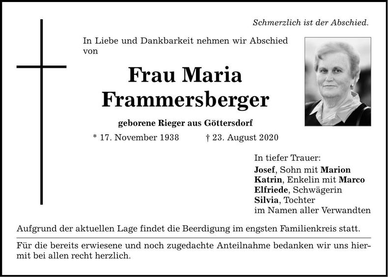 Traueranzeige Maria Frammersberger