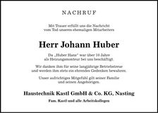 Traueranzeige Johann Huber