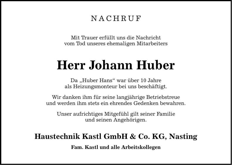 Traueranzeige Johann Huber