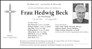 Traueranzeige Hedwig Beck