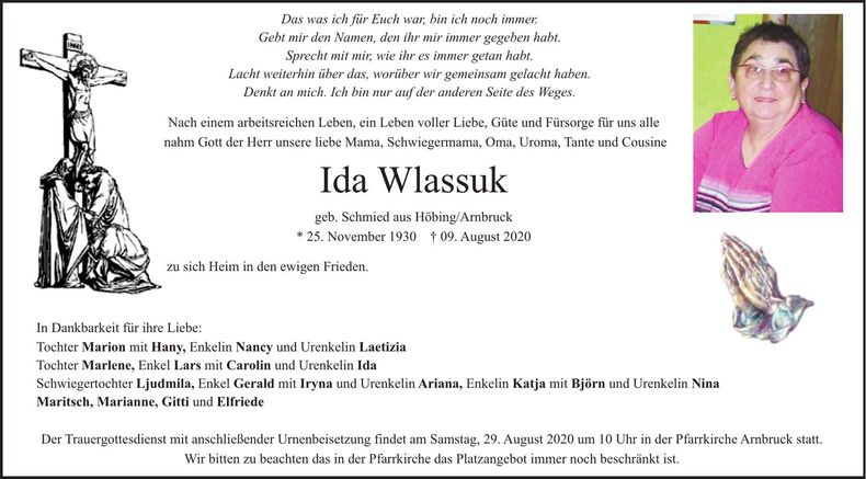 Traueranzeige Ida Wlassuk