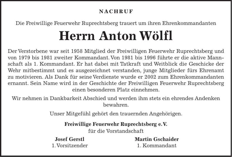 Traueranzeige Anton Wölfl