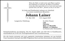 Traueranzeige Johann Lainer