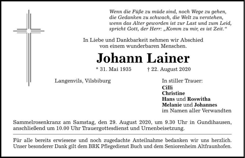Traueranzeige Johann Lainer