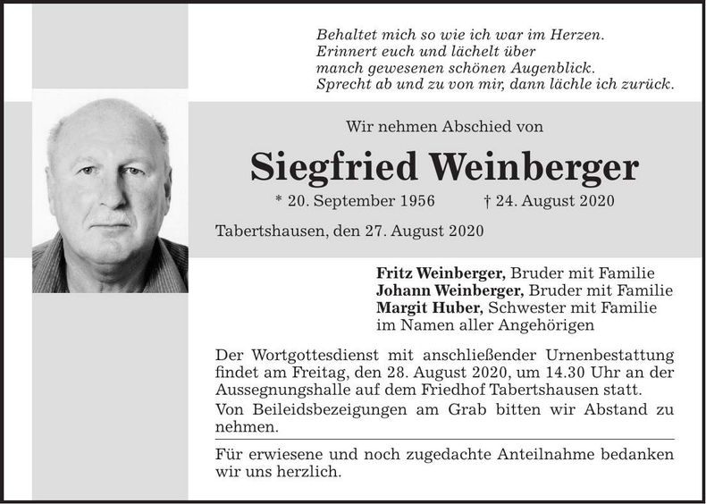 Traueranzeige Siegfried Weinberger