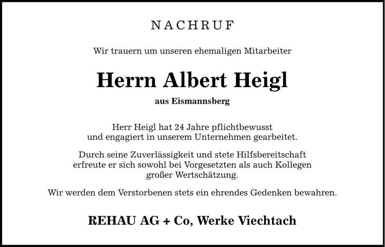Traueranzeige Albert Heigl