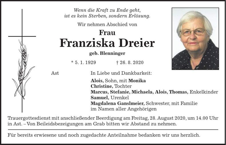 Traueranzeige Franziska Dreier