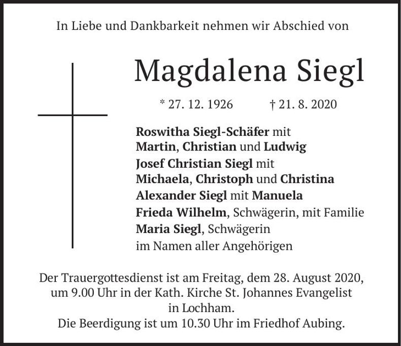 Traueranzeige Magdalena Siegl