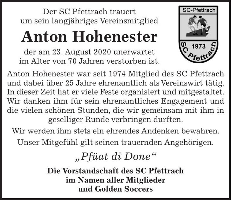 Traueranzeige Anton Hohenester