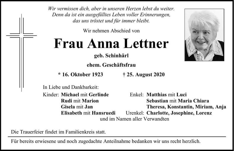 Traueranzeige Anna Lettner