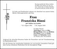 Traueranzeige Johanna Binni