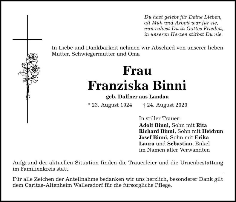 Traueranzeige Johanna Binni
