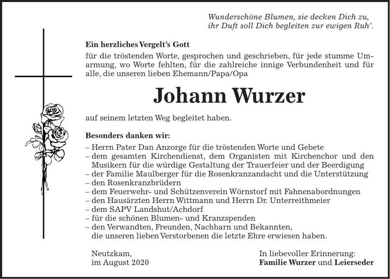 Traueranzeige Johann Wurzer