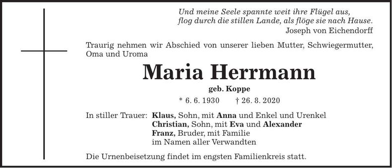 Traueranzeige Maria Herrmann