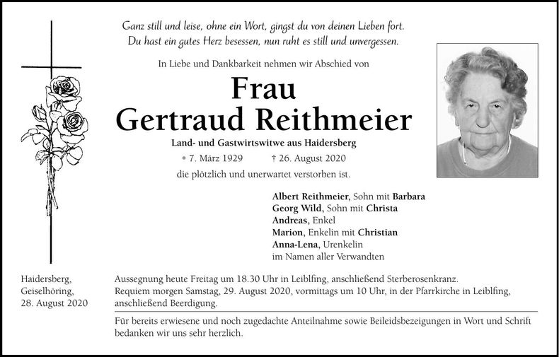 Traueranzeige Gertraud Reithmeier