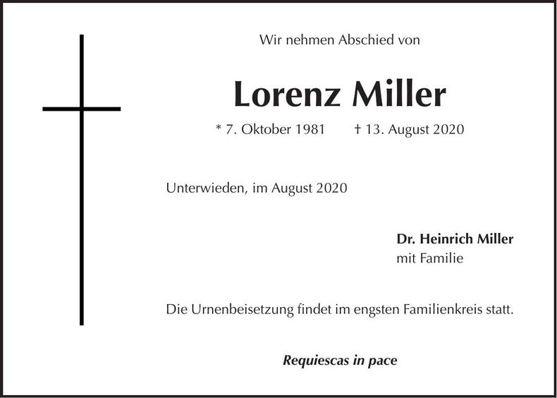 Traueranzeige Lorenz Miller