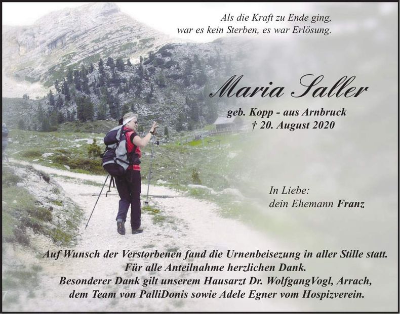 Traueranzeige Saller Maria