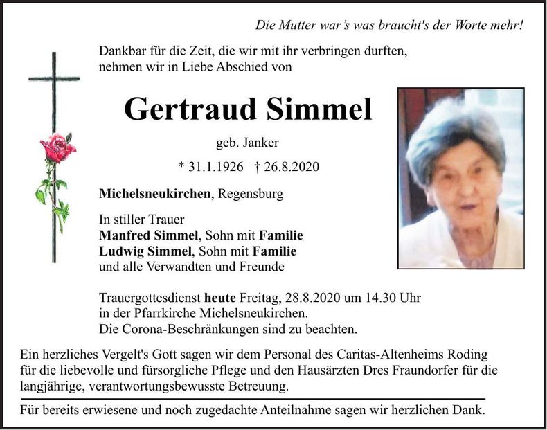 Traueranzeige Gertraud Simmel