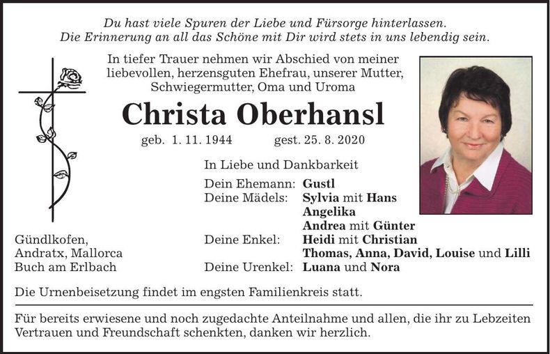 Traueranzeige Christa Oberhansl