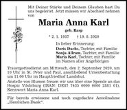 Traueranzeige Maria Anna Karl