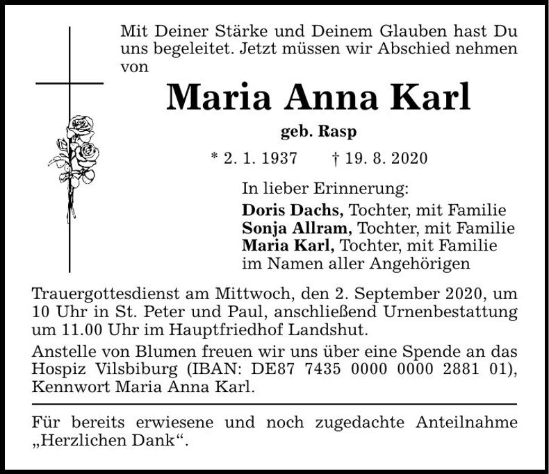 Traueranzeige Maria Anna Karl