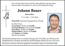 Traueranzeige Johann Bauer