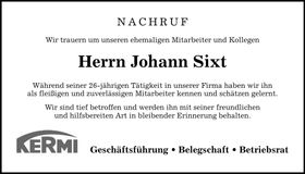Traueranzeige Johann Sixt