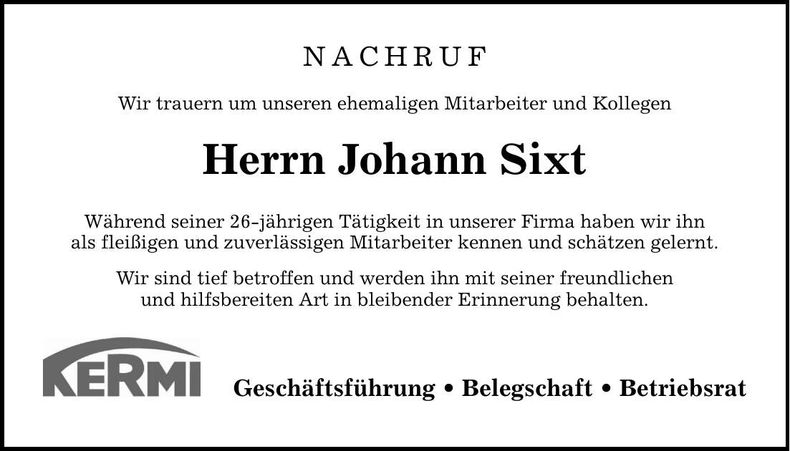 Traueranzeige Johann Sixt
