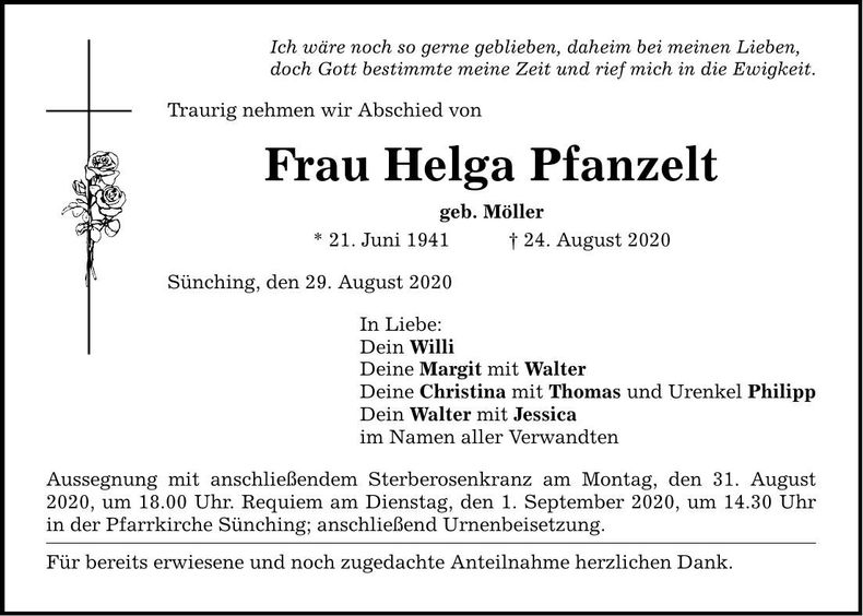 Traueranzeige Helga Pfanzelt