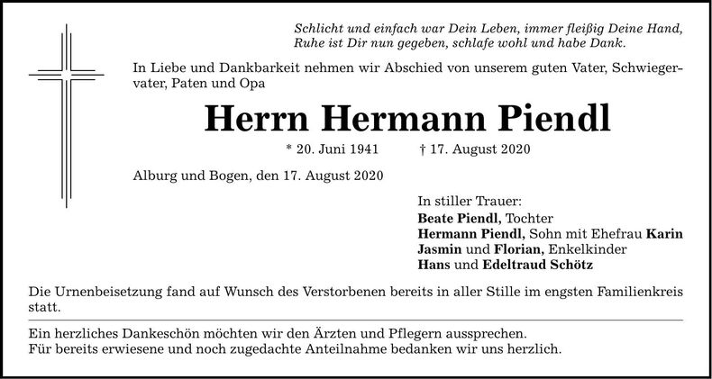 Traueranzeige Hermann Piendl