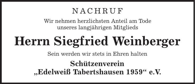 Traueranzeige Siegfried Weinberger