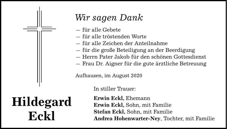Traueranzeige Hildegard Eckl