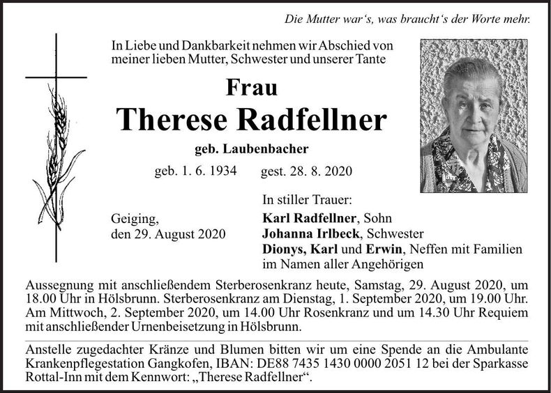 Traueranzeige Therese Radfellner