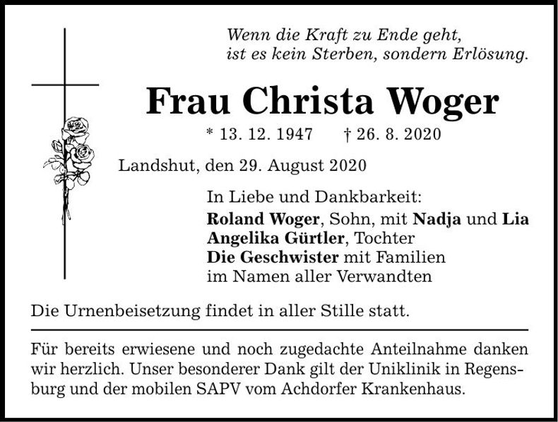 Traueranzeige Christa Woger