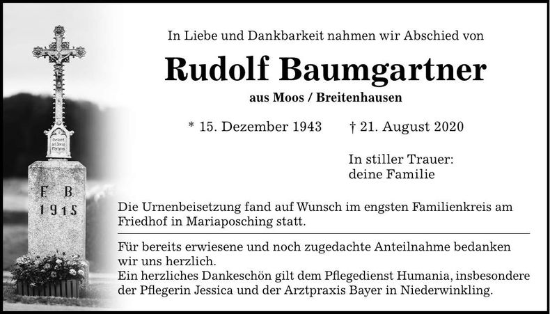 Traueranzeige Rudolf Baumgartner
