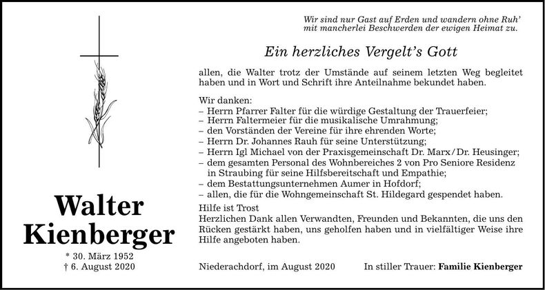 Traueranzeige Walter Kienberger