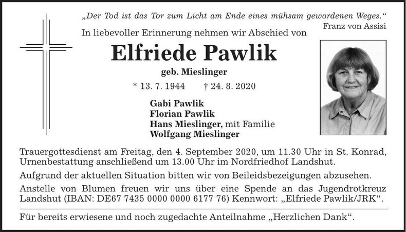 Traueranzeige Elfriede Pawlik