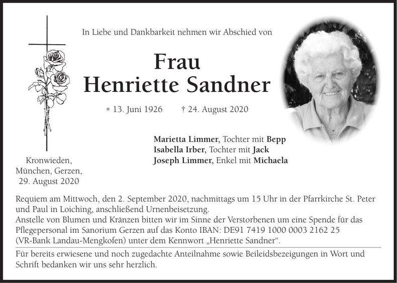 Traueranzeige Henriette Sandner