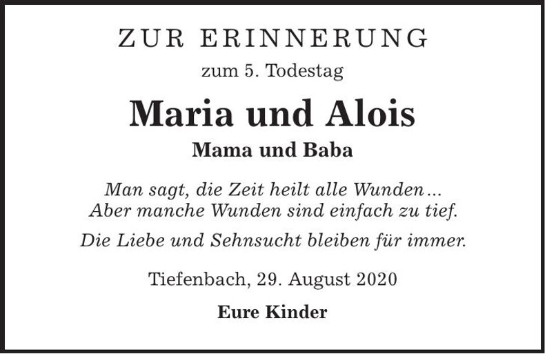 Traueranzeige Maria und Alois Reitinger