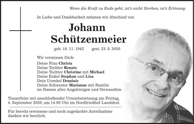 Traueranzeige Johann Schützenmeier