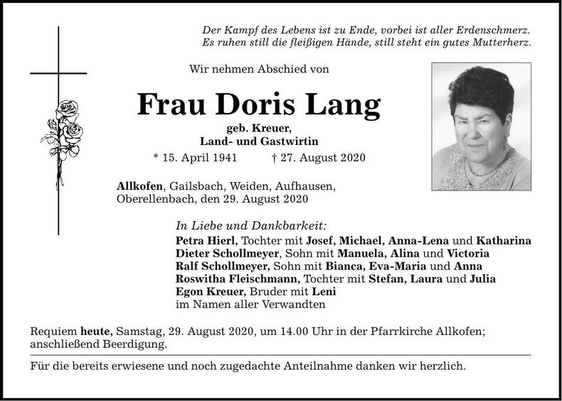 Traueranzeige Doris Lang
