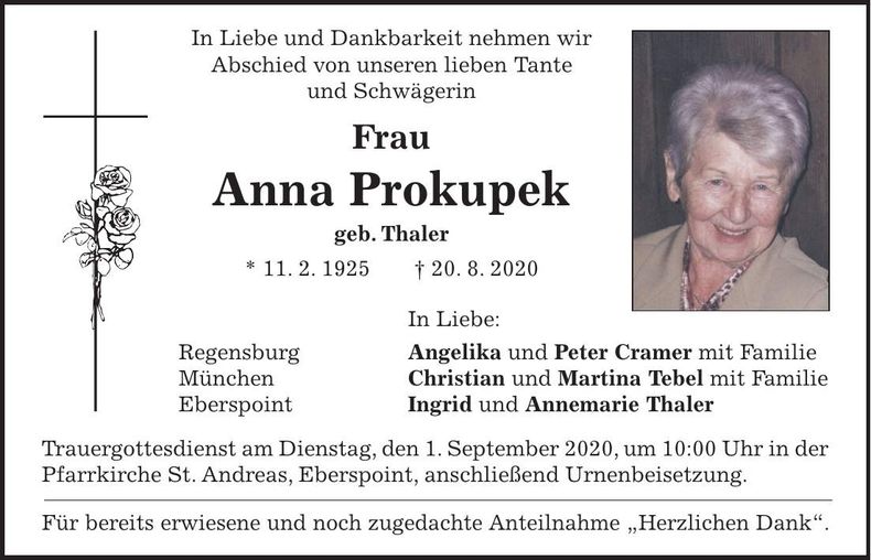 Traueranzeige Anna Prokupek