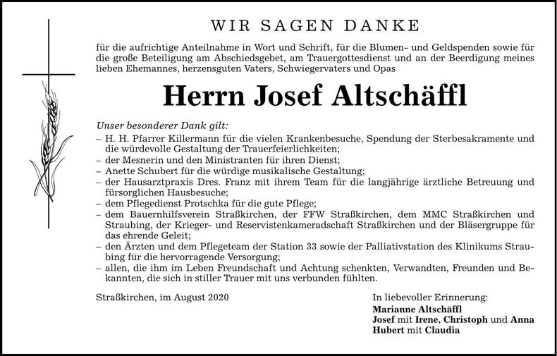 Traueranzeige Josef Altschäffl