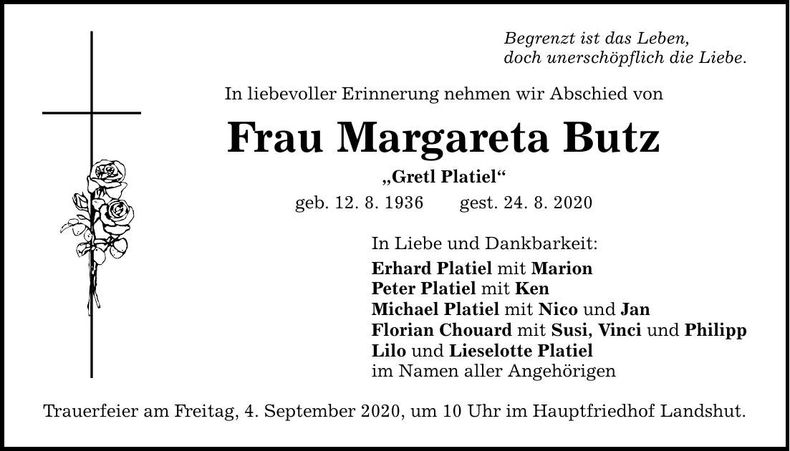 Traueranzeige Margareta Butz